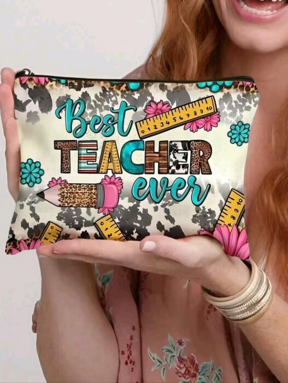 Best Teacher Ever Floral Pencil Pouch Turquoise & Pink Zipper Canvas Purse